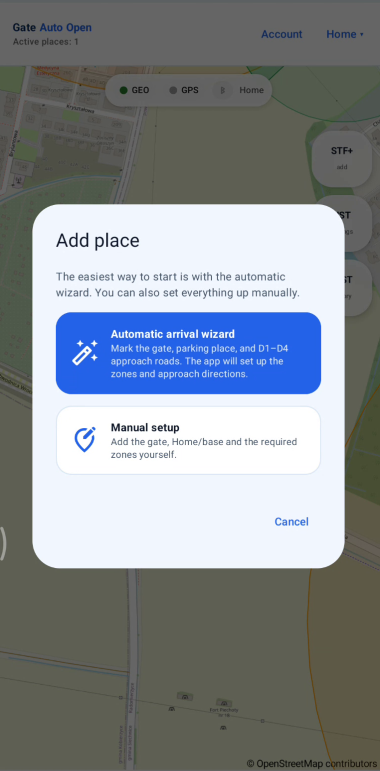 Screenshot: Automatic arrival wizard or Manual setup