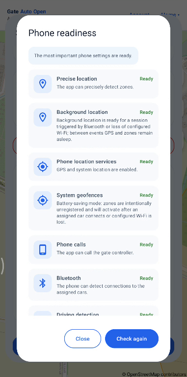 Screenshot: Phone readiness and required permissions
