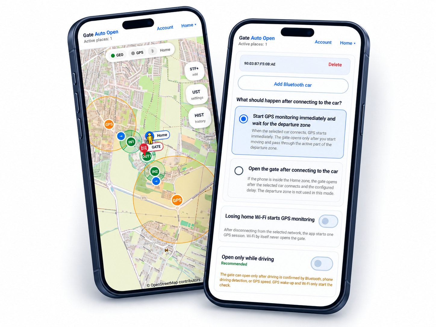 Gate Auto Open screens with the zone map and Home settings